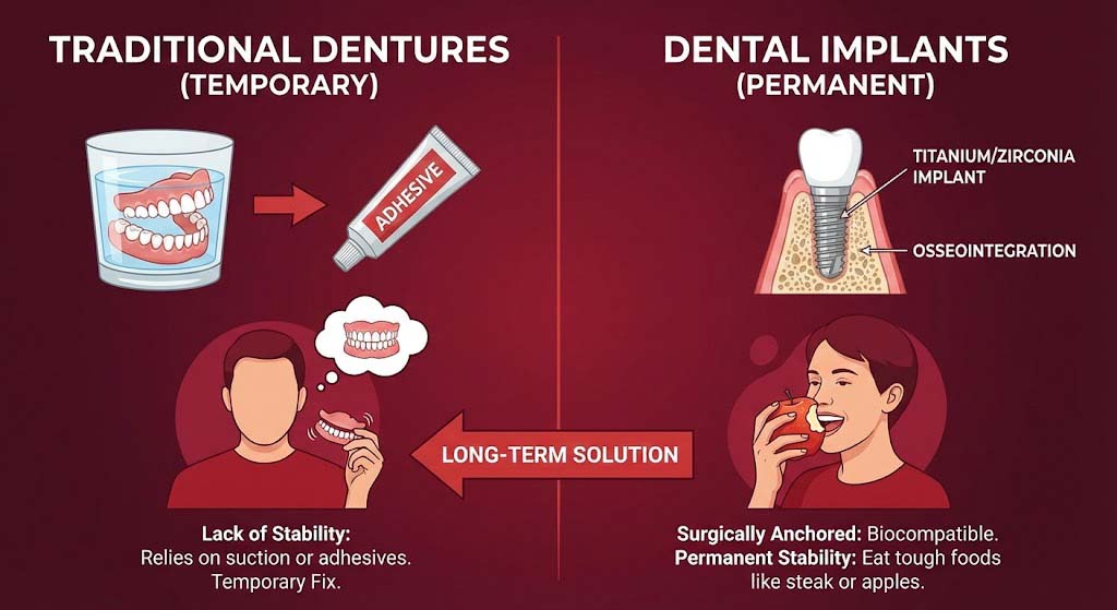 compare between traditional dentures and dental implants